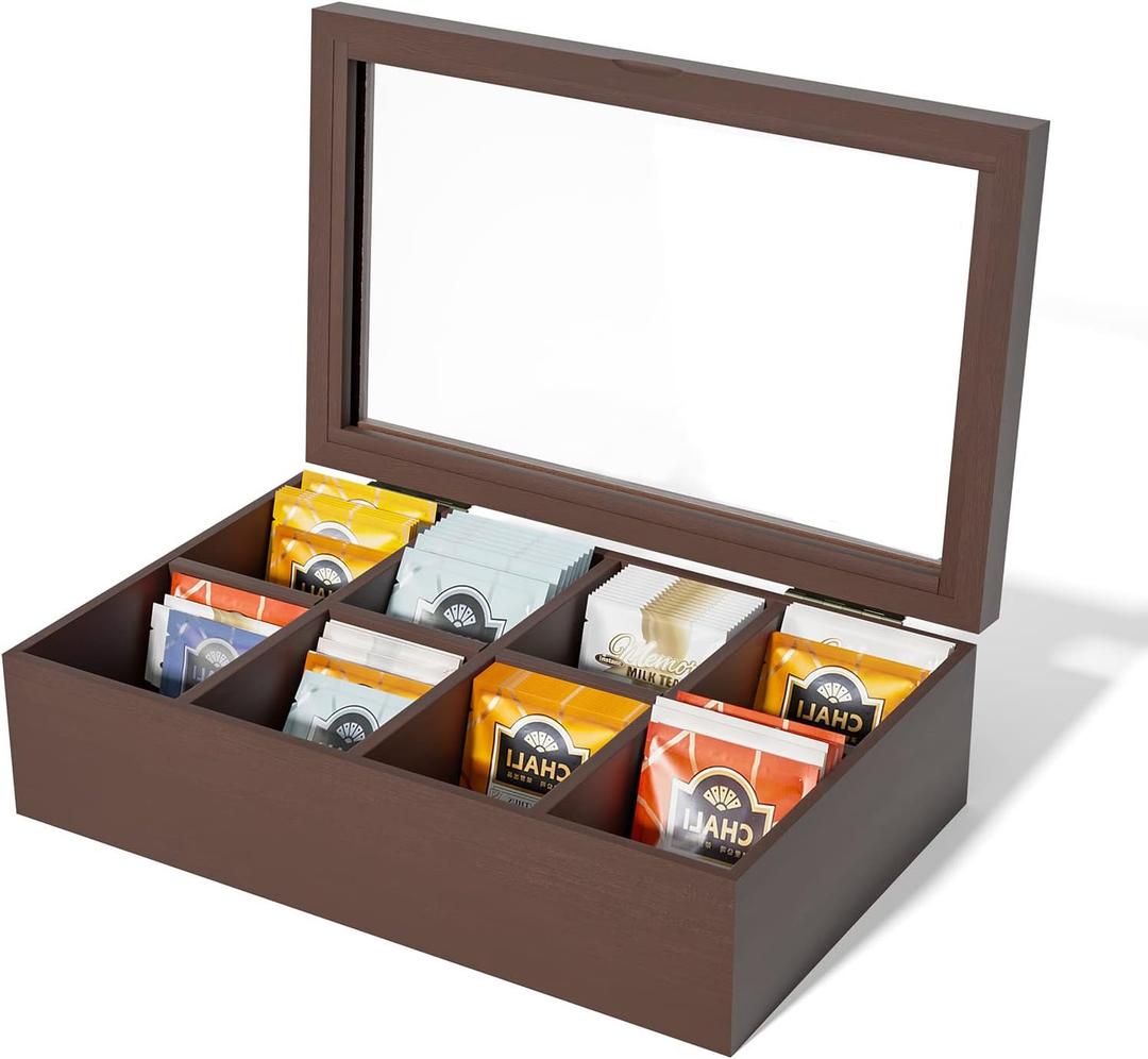Alsonerbay Wooden Tea Box Tea Bag Holder Kitchen Storage Chest Box for Spice Pouches and Sugar Packets with 8 Compartments and Glass Window Walnut