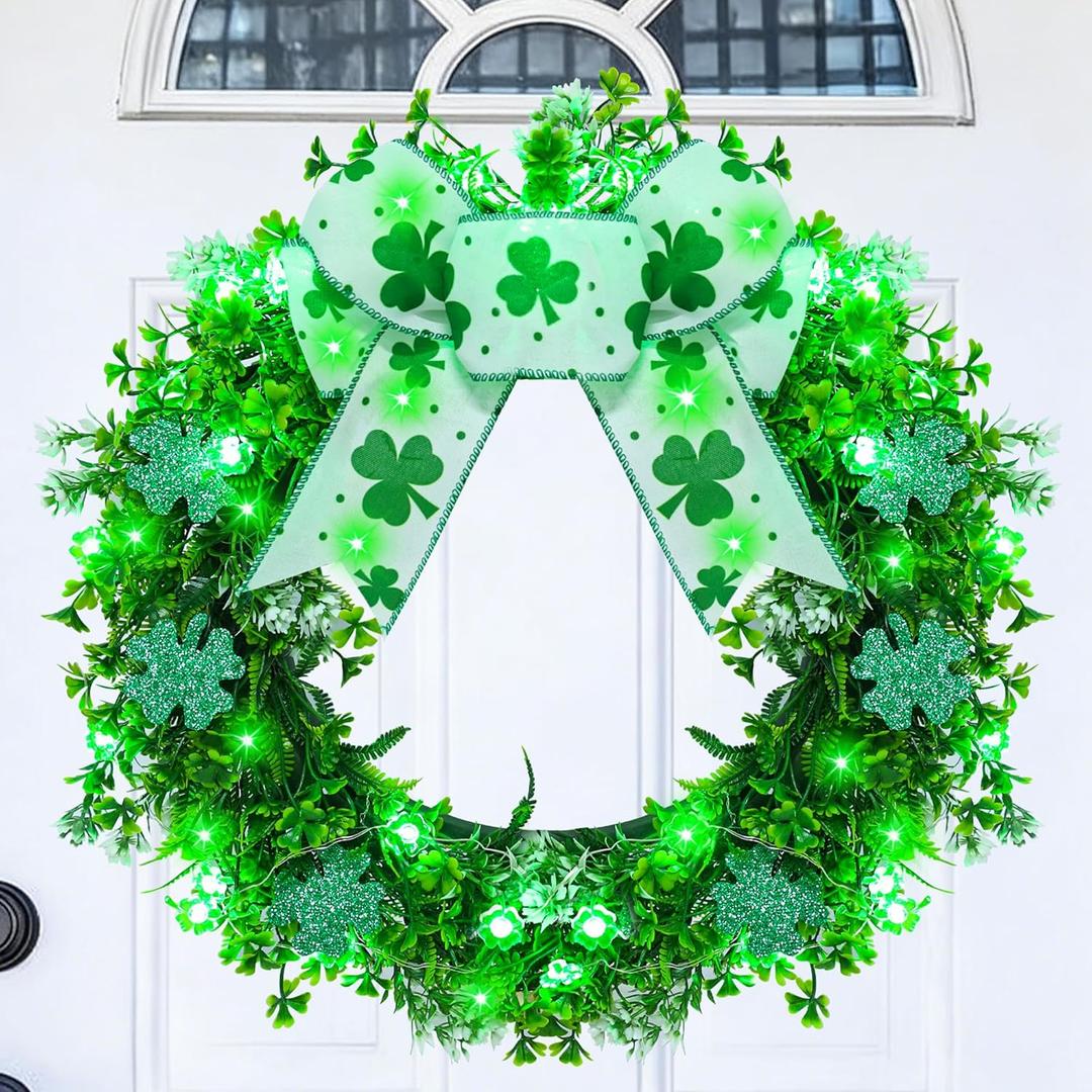16" St Patricks Day Wreath for Front Door - 28 Clover Green Lights Battery Operated Shamrock Wreath with Bow, Spring Artificial Wreath Irish St Patricks Day Decoration for Wall Window Porch Home