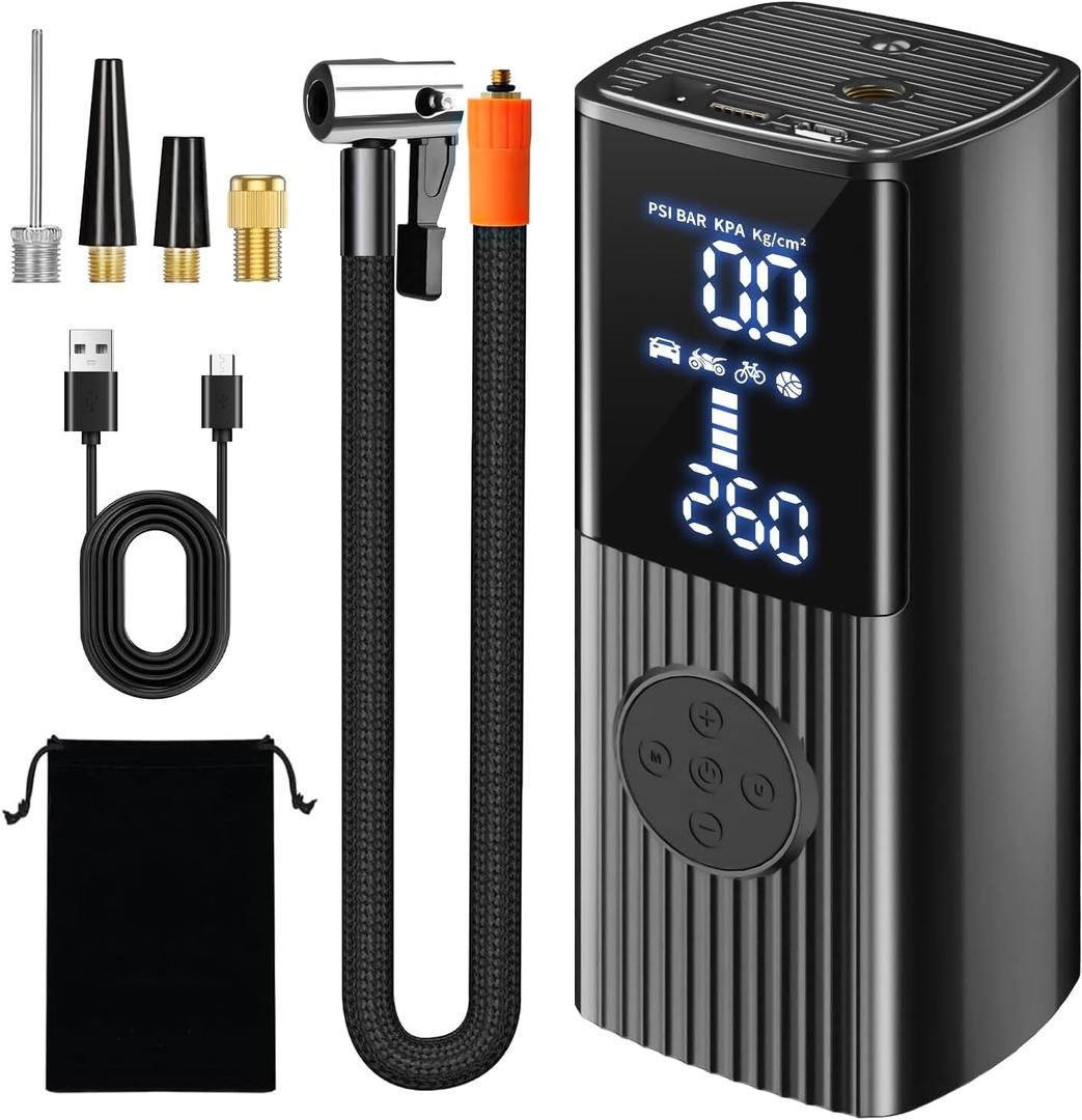 Tire Inflator Portable Air Compressor - 150PSI & 20000mAh Portable Air Pump, Accurate Pressure LCD Display, 3X Fast Inflation for Cars, Bikes & Motorcycle Tires, Balls.