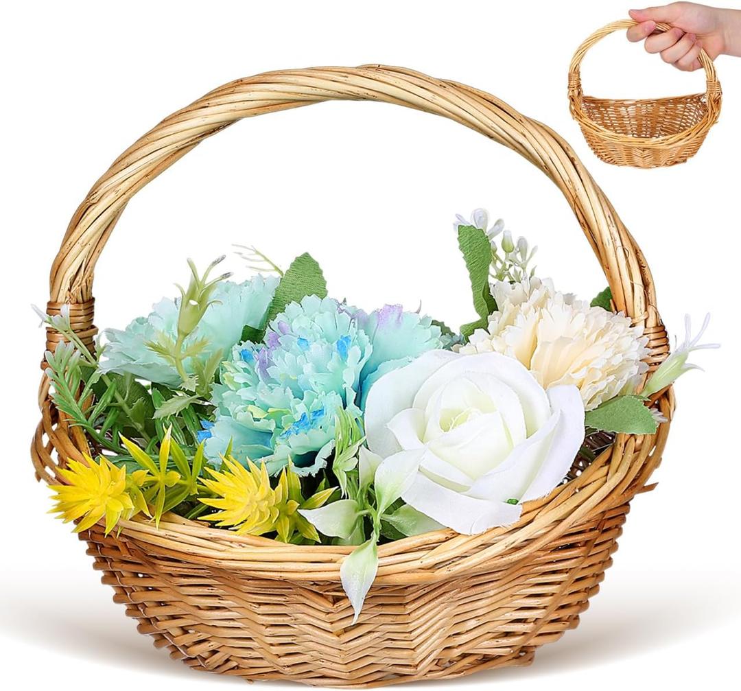 POPETPOP Wicker Picnic Basket with Handle, Empty Organiser to Fill Picnic Hamper Wedding Flower Girl Baskets for Garden, 8.66x7.07x7.87 Inches