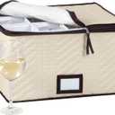 Wine Glass Storage Box with Dividers - Holds 12 Glasses up to 3.75" Wide - Stemware Storage Case - Protects Fine China - Durable Quilted Microfiber Bin with Carry Handles - Ideal for White Wine (Beige)