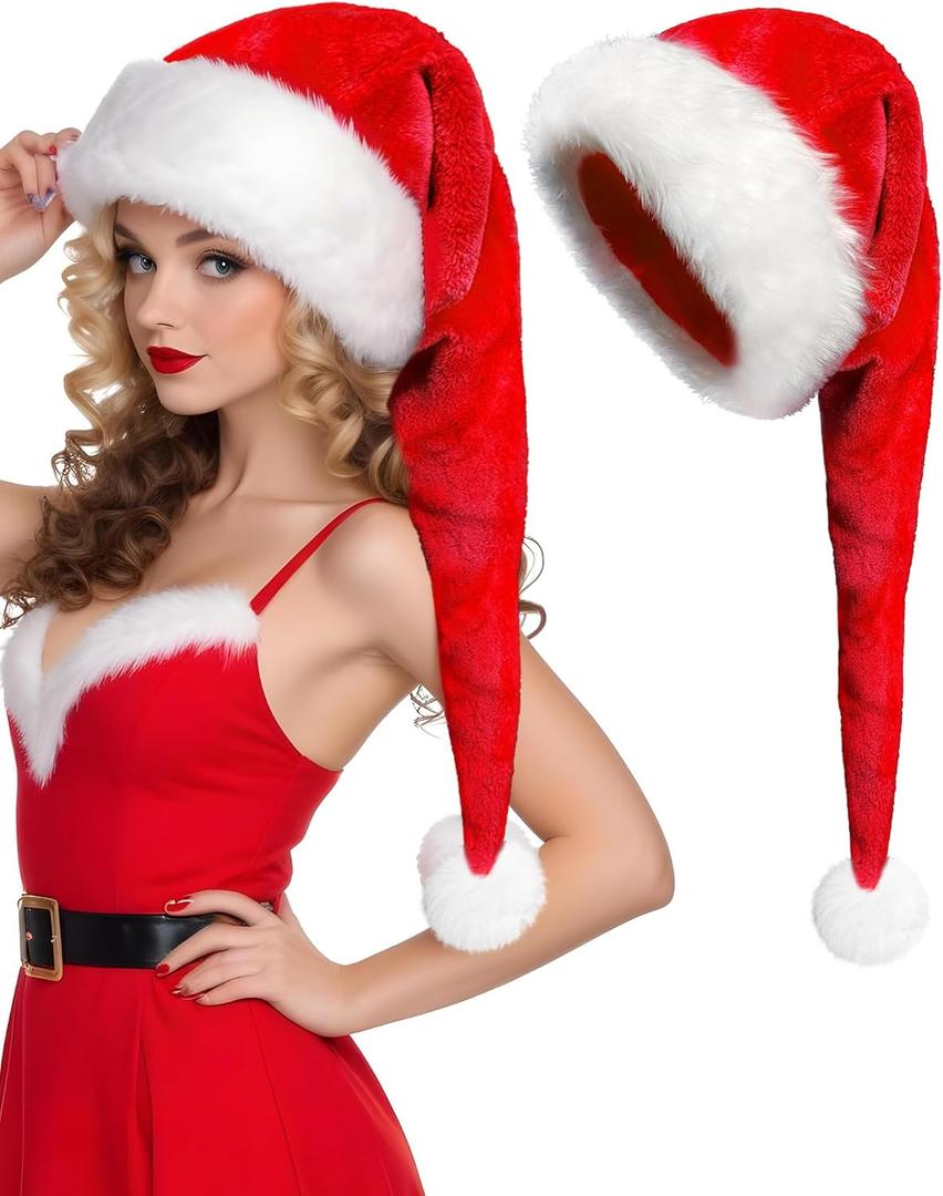 Long Plush Santa Hat Christmas Hat for Adults Unisex Classic Santa Hat Thicken Velvet Comfort Xmas Hat for Christmas New Year Festive Holiday Party Supplies, Red