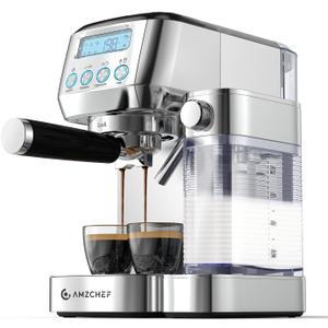 AMZCHEF Espresso Machine with LCD Display, 20 Bar Cappuccino Machines with Automatic Milk Frother for Home Gifts, Latte Coffee Maker with Dual Wall & Filters, Stainless Steel Style
