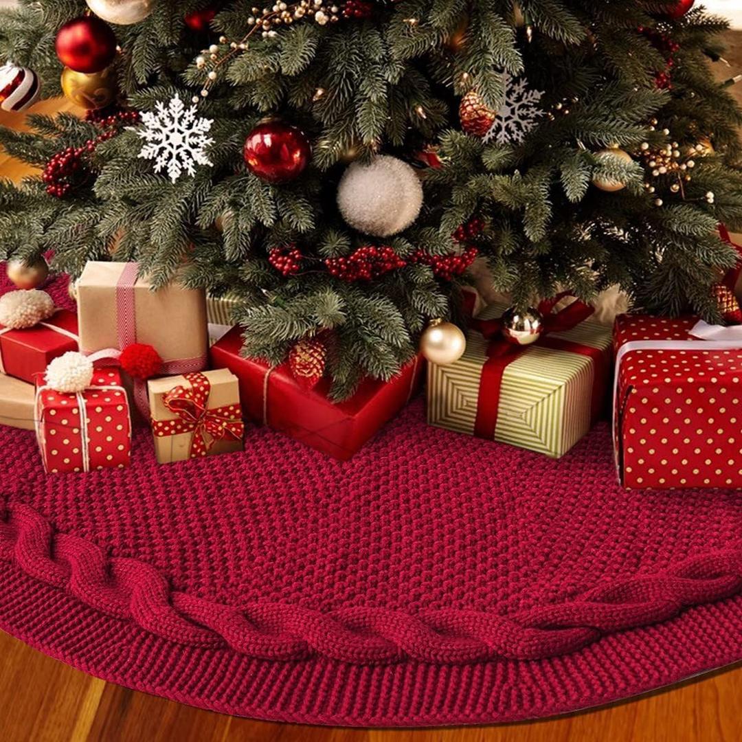 48 Inch Dark Red Knitted Christmas Maroon Tree Skirt Large Xmas Tree Skirts Round Base Skirt for Holiday Party Decoration Ornament Suppliesfor 6-8FT Tree Christmas Treer Burgundy Tree Skirt (48in)