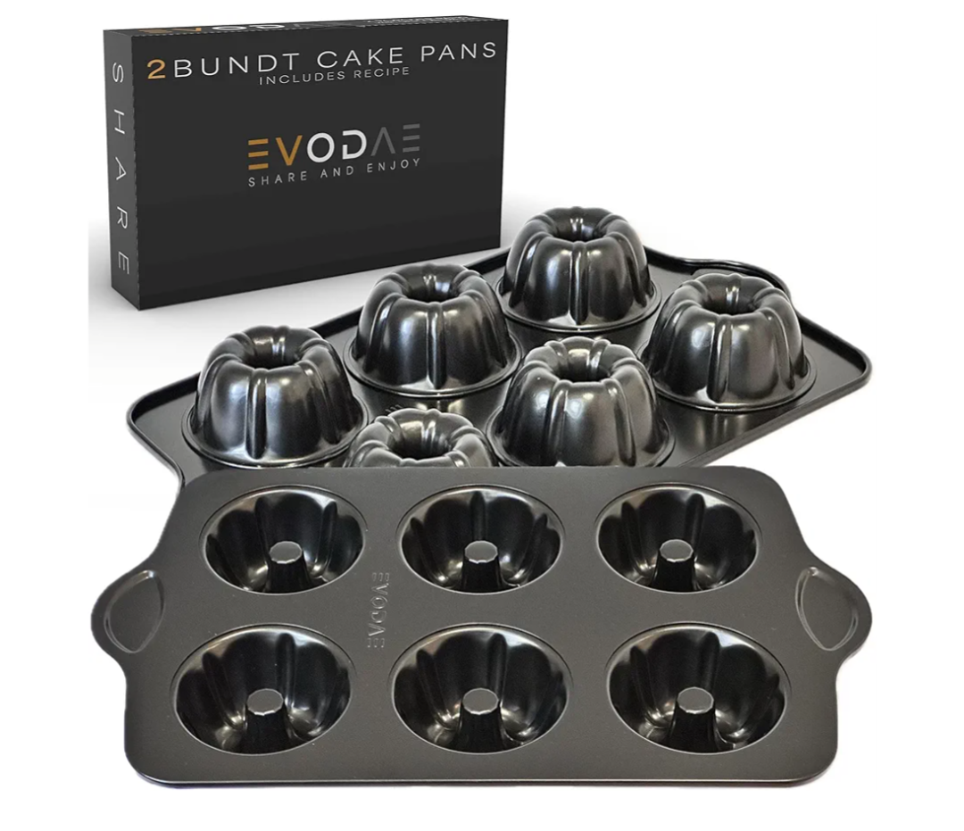 EVODAE® Mini Bundt Cake Pans for Baking Set of 2 – 12 Cup (2x6) Nonstick Black Carbon Steel – Heavy-Duty & Built to Last – Carefully Packaged in a Clean Black Box – PFOA & PTFE Free