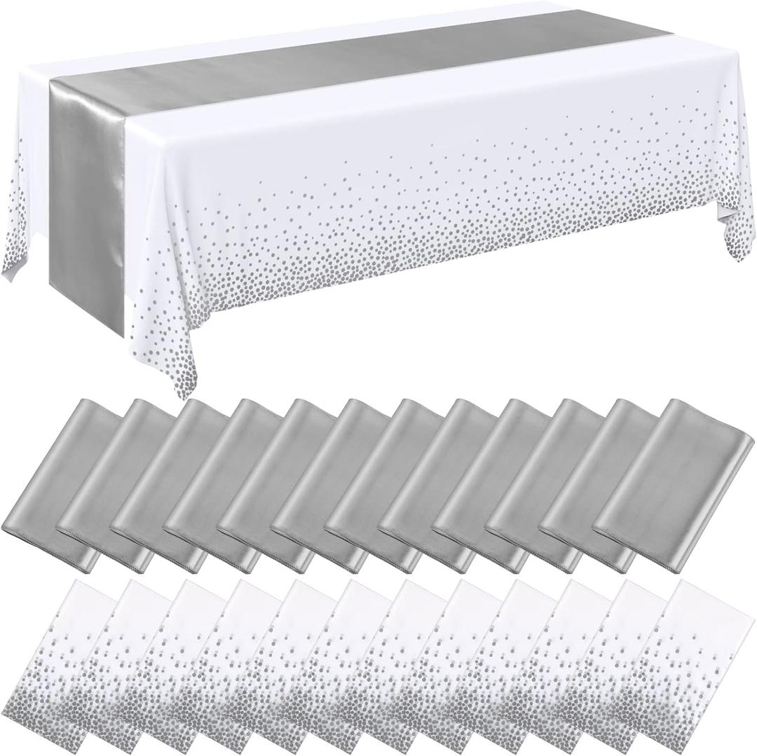 Breling 24 Packs White and Silver Disposable Plastic Tablecloths and Satin Table Runner Set, 54 x 108 Inch Tablecloth, 12 x 108 Inch Table Runners for Wedding Graduation Birthday Baby Shower