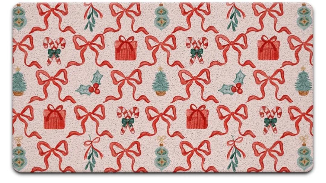 Coquette Pink and Red Christmas Door Mat, Preppy Christmas Tree Candy Cane Holiday Doormat Indoor Outdoor Entrance Entryway, Girly Xmas Holiday Welcome Mats for Front Door Outside, 17x30 Inches