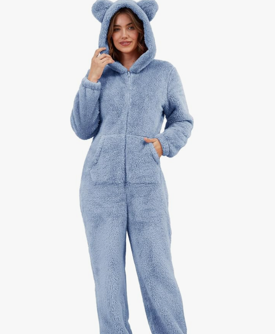 Flygo Womens Fleece Onesie Pajamas Winter Warm Fuzzy One Piece Romper Loungewear Teddy Ears Zipper Hooded Jumpsuit Sleepwear Size M