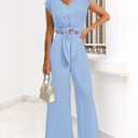 PRETTYGARDEN Women's Summer 2 Piece Outfits 2026 Cap Sleeve V Neck Belted Crop Tops Wide Leg Pant Sets Casual Tracksuit (Blue, M)