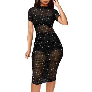 Lrady Women's Sexy Mesh Dress Short Sleeve Bodycon Party Club Night Dress 3 Piece Set Outfits with Cami Shorts M