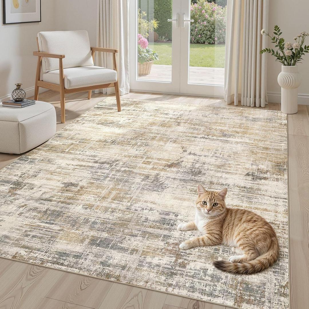 Area Rug for Living Room: 5x7 Washable Neutral Abstract Modern Soft Rugs Non Slip Indoor Floor Stain Resistant Carpet for Bedroom Dining Room Office Nursery - Golden Brown