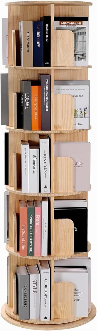 Rotating Bookshelf, 360 Display Corner Bookshelf for Small Space, 5 Tier Floor Standing Bookcase Storage Rack, Wood Narrow Organizer for Bedroom, Living Room, Study Room, Kids&Adults Solid