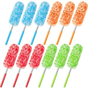 Tanlade 12 Pcs Microfiber Feather Duster for Cleaning 13-31 Inch Extendable Cobweb Dusters Ceiling Fan Duster Washable Bendable Tool for Office Car Window Furniture, 4 Colors (Bright Color)