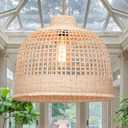 Rattan Pendant Lights, Hand-Woven Wicker Light Fixture for Kitchen Island, Natural Bamboo Hanging Ceiling Lamp with Basket Shade, Boho Farmhouse Chandelier for Living Room, 13.8 x 13.8IN