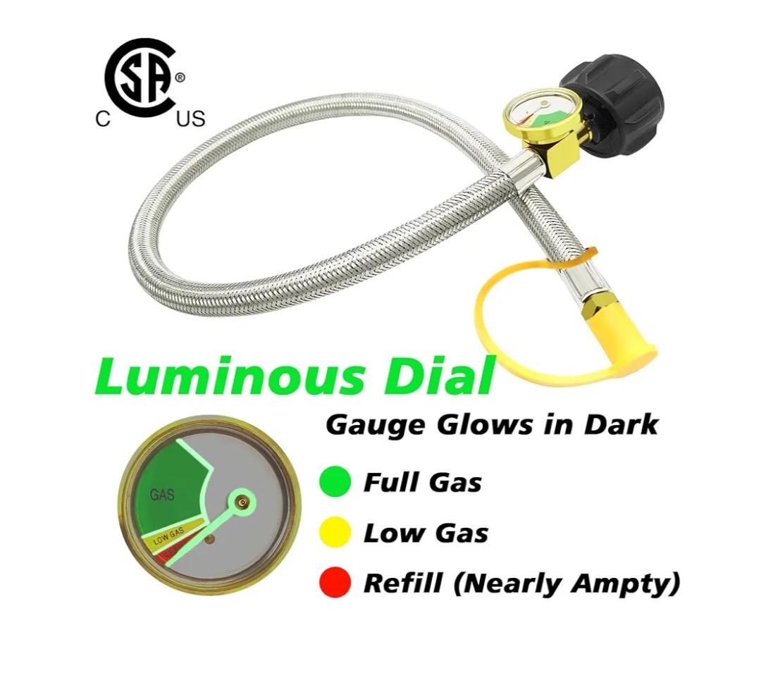 GardenNow 1 Single Propane Hoses with Gauge, 24 Inch Stainless Steel Braided Camper Tank Hose, Rv lp Gas Hoses Connector for Standard Two-Stage Regulator, 40Lb 250PSI, 1/4" NPT /QCC1 Fittings