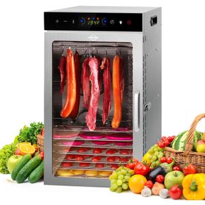 Commercial Food Dehydrator Machine 18-Tray, 86-194 Temperature Control, 800W Fast Drying Dehydrater, Low Noise <45dB, 24H Timer, LED Display, Stainless Steel Dehydrator for Meat Jerky Beef Fruit Herb
