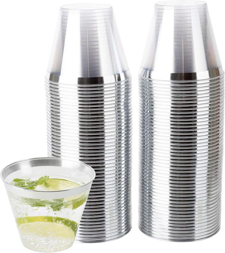 PLASTICPRO 9 oz Disposable Plastic Party Cups,Old fashioned Designed Tumblers, Crystal Clear (Clear With Silver Rim, 100)