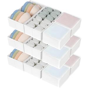 DIMJ Drawer Organizers Clothes, Set of 12 Dresser Organizer Bins, Fabric Closet Organizers and Storage, Shallow Drawer Dividers for Nursery, Clothing, Baby Clothes, Socks, Underwears, Tie (White)
