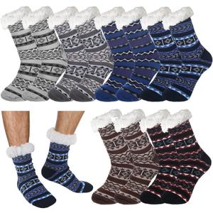 Liitrsh 6 Pairs Men's Fuzzy Slipper Socks with Grip Winter Non Slip Fluffy Winter Warm Lamb Fleece Socks for Holiday Gifts, Novel Style