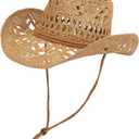 Straw Cowboy Hat for Women and Men with Shapeable Wide Brim Sun Beach Western Cowgirl Hat (One Size, Khaki)