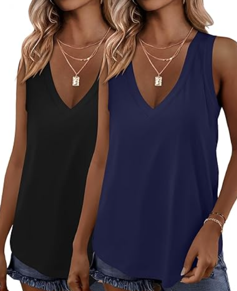 KKJ 2 Pack Womens Tank Tops Summer V Neck Sleeveless Loose Casual Blouses Beach Vacation Outfits Shirt Spring Trendy Clothes, Black/ Navy Blue Large