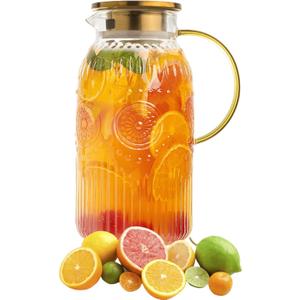 Amzcku Glass Pitcher with Lid, 68 oz/ 2 Liter Vintage Water Pitcher,Glass Water Carafe for Cold Brew, Coffee, Lemonade, Iced Tea,Beverage, Heat Resistant Water Glass Jug 1Pack