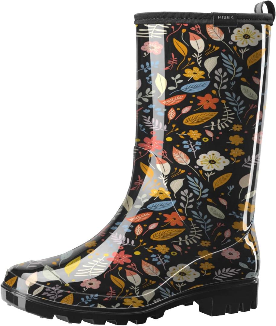 HISEA Women's Rain Boots Waterproof Mid Calf Garden Boots for Women (8, Colorful Flower)
