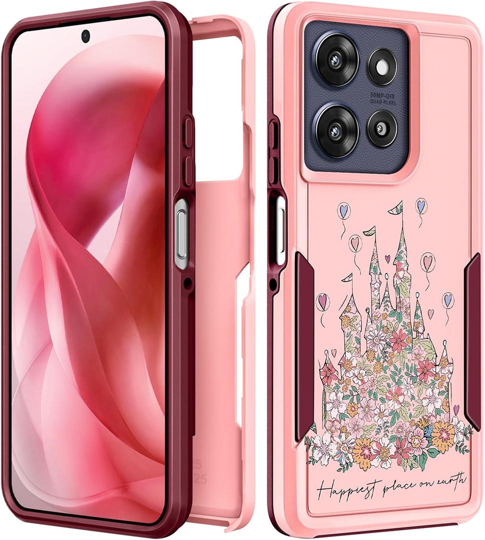 for Moto G Power 2025 Case - for Motorola Moto G Play 2025 Case Women Cute Girls Girly Aesthetic Unique Design Flowers Castle Heavy Duty Protective Shockproof Military Grade Phone Cover