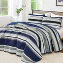WONGS BEDDING Quilts Queen Size, Navy Blue Quilt Bedspread Bedding Set, Summer Queen Coverlet Sets with Shams, 3 Pieces Lightweight Striped Quilt for Bed(96"x 90")