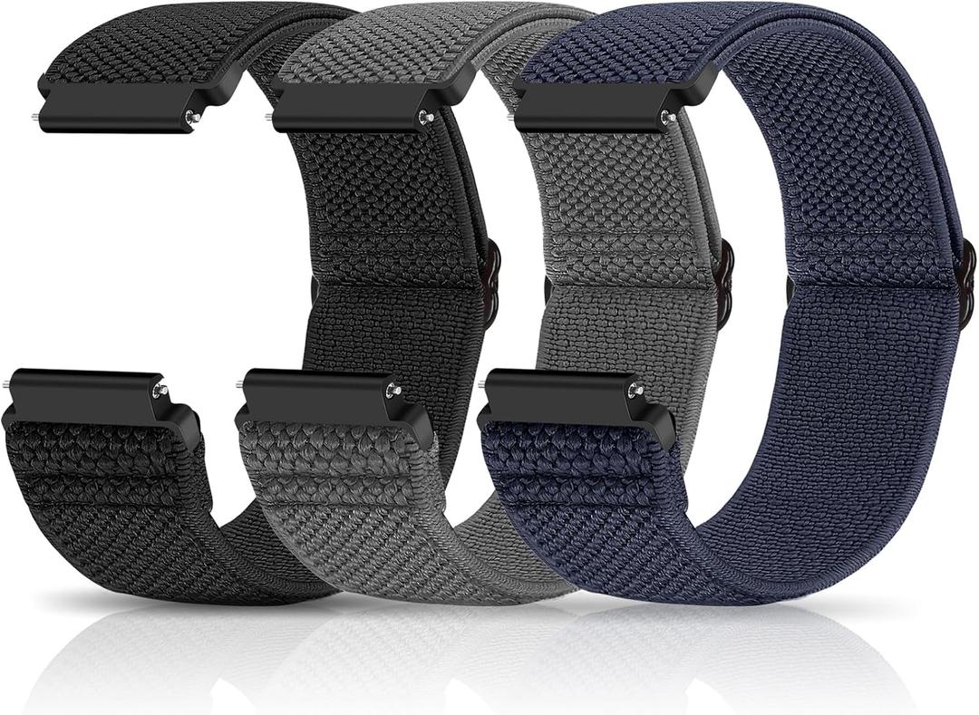 Relting Compatible with 16mm 18mm 19mm 20mm 22mm 24mm Watch Bands Quick Release Replacement Wristband, Adjustable Stretchy Nylon Solo Loop Straps Fabric Braided Sport Elastic Bands for Men Women (Black+Grey+Indigo)