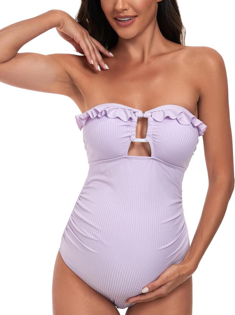 EastElegant Maternity Ruffle Ribbed Cutout One Piece Swimwear Square Ring Linked Pregnancy Bathing Suit (X-Large, Purple) EastElegant Maternity Ruffle Ribbed Cutout One Piece Swimwear Square Ring Linked Pregnancy Bathing Suit (X-Large, Purple)