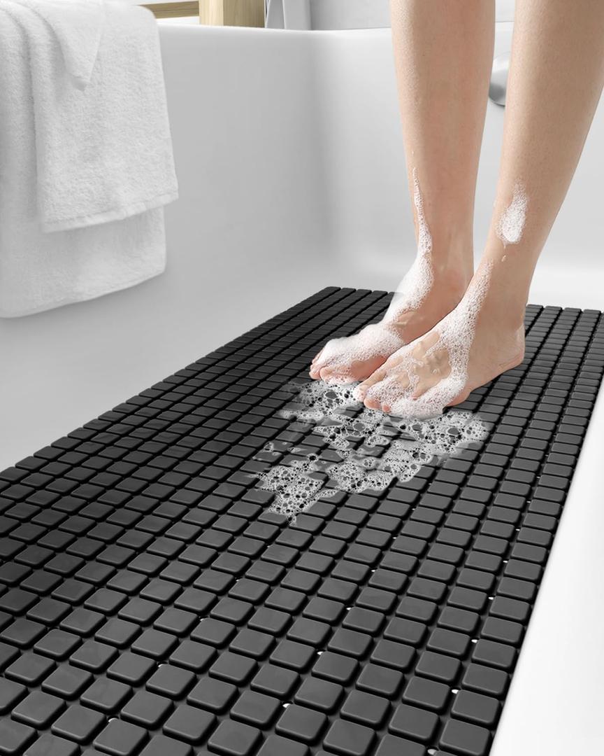 DEXI Bathtub Mat Non Slip, Extra Long 39x16, Suction Cups, Drain Holes, Machine Washable for Tub Shower Floor, Black