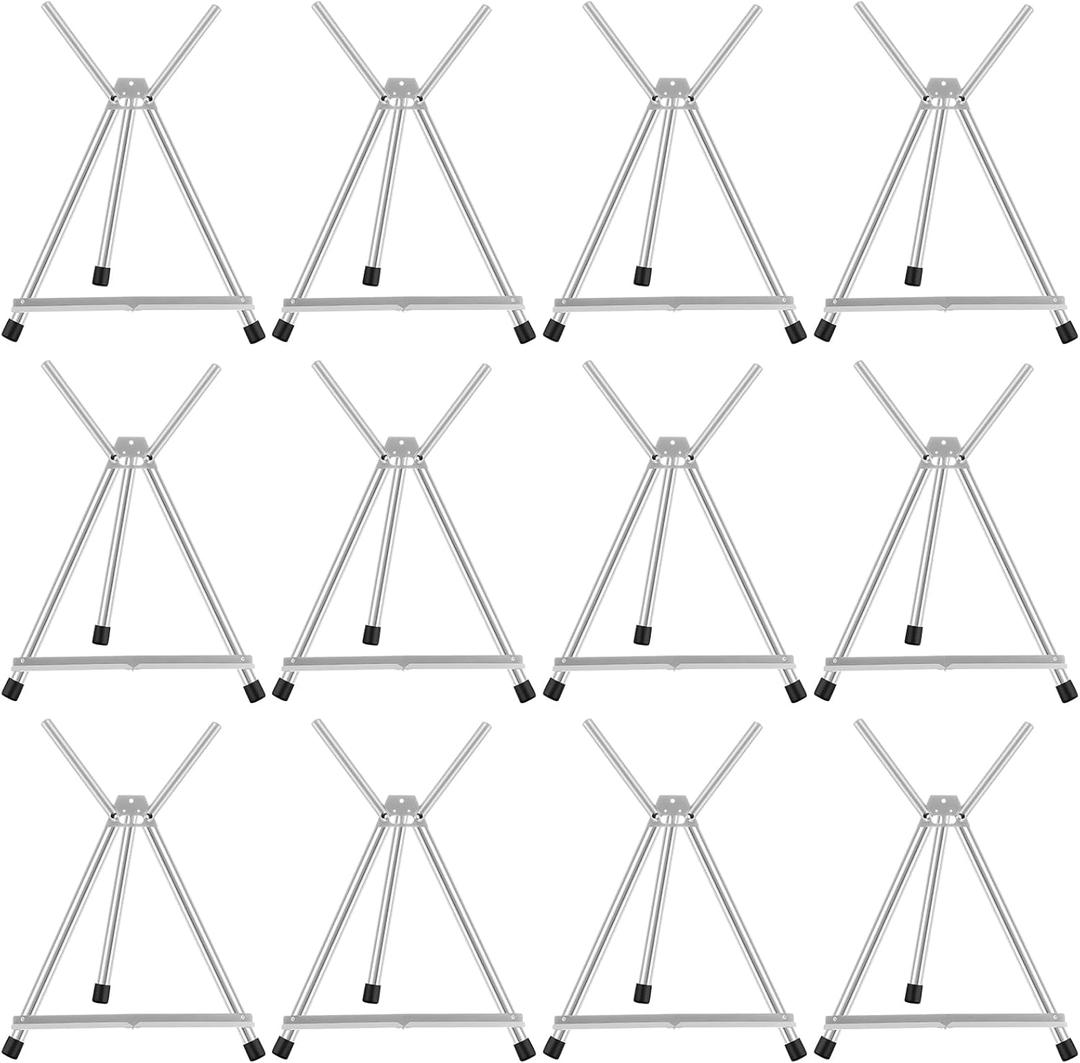 Xinnun 12 Pcs Aluminum 15'' to 21'' High Tabletop Easel Display Adjustable Portable Tripod Desktop with Extension Arm Wings and Rubber Feet for Canvas, Paintings Suitable for School Studio (Silver)