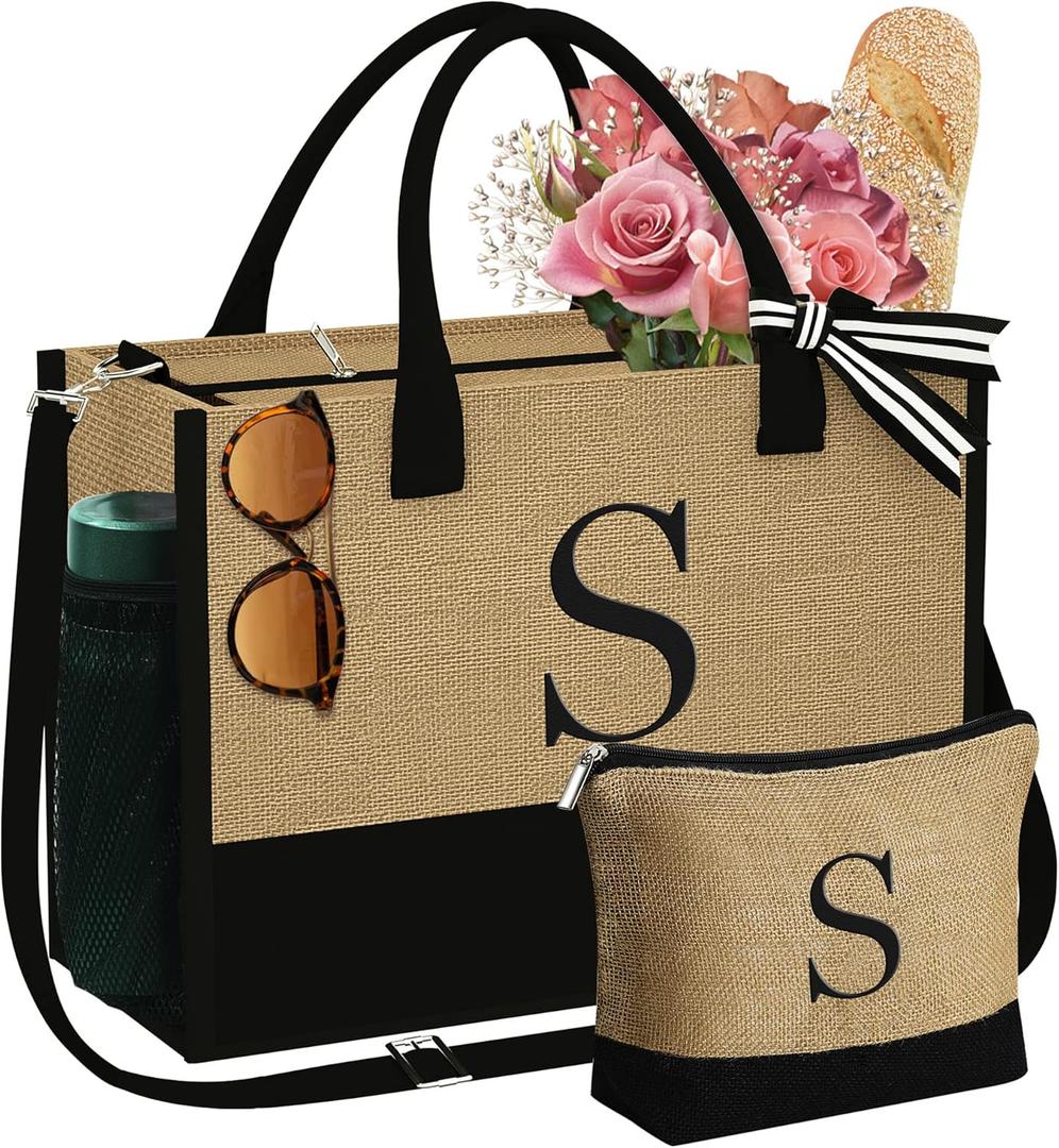 YOOLIFE Mothers Day Gifts for Women - Initial Jute Tote Bag & Makeup Bag, Birthday Gifts for Women Mom Wife Teacher Friend