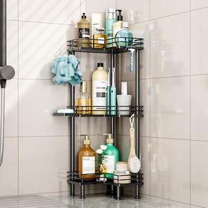 HapiRm Corner Shower Caddy Standing - 3 Tier Shower Organizer Corner with Soap Holder, Rustproof Bathroom Standing Organizer with 4 Hooks, Black