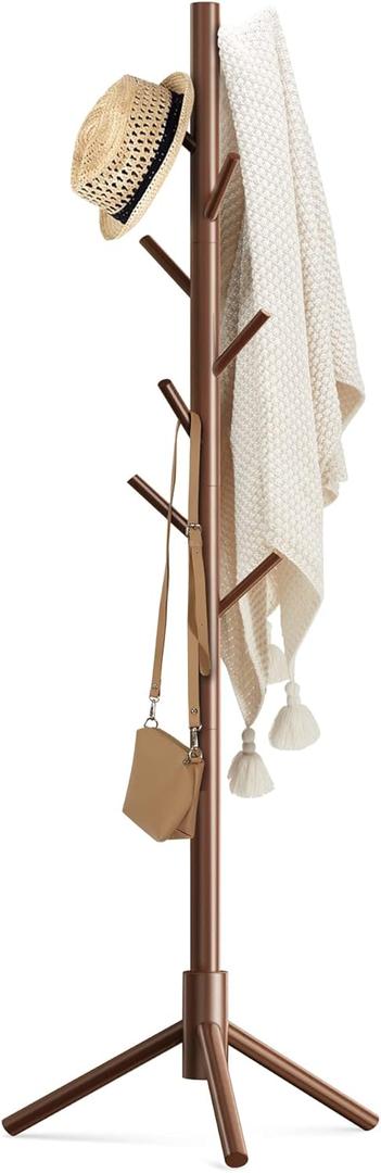 Haddockway Wooden Coat Rack Stand with 8 Hooks New Zealand Pine 3 Adjustable Coat Standing Tree Easy Assembly for Coats, Hats, Scarves and Handbags for Entryway, Hallway, Bedroom, Office (1 PC, Brown)