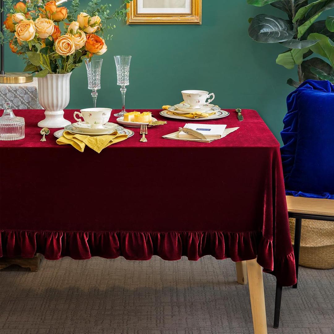 GLORY SEASON Velvet Tablecloth Luxurious Solid Rectangle Table Cloth,Oblong Retro Farmhouse Ruffle Tablecloths Washable Table Cover for Party Wedding Baby Shower Kitchen Dinning Tabletop Decoration,  84" x 60" (Rectangular), Ruby Red