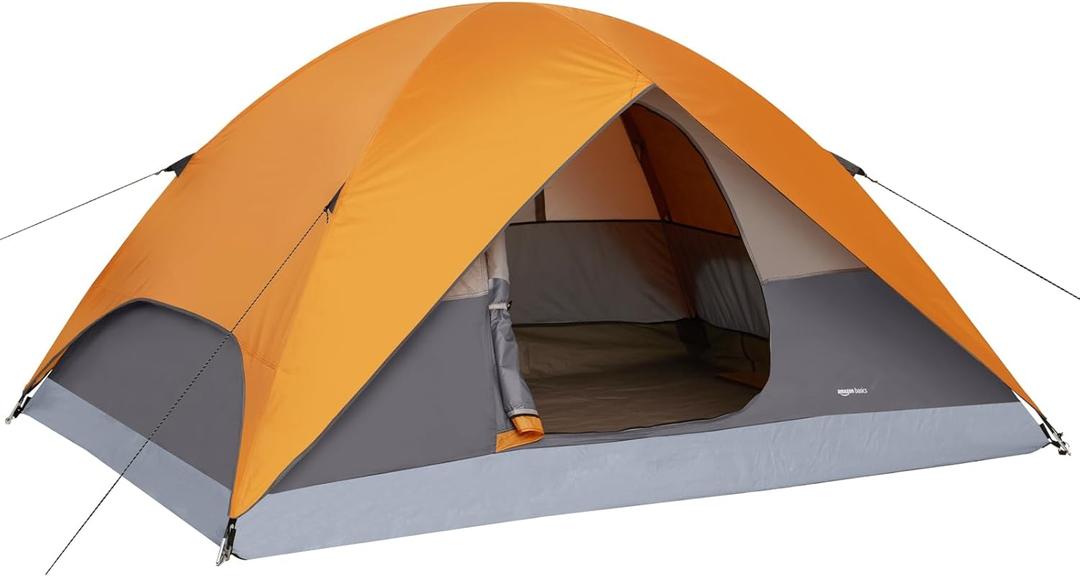 Amazon Basics Dome Camping Tent with Easy Setup for Hiking and Backpacking, Portable Two-Person, Rainfly and Carry Bag, Orange and Grey, 2 Person