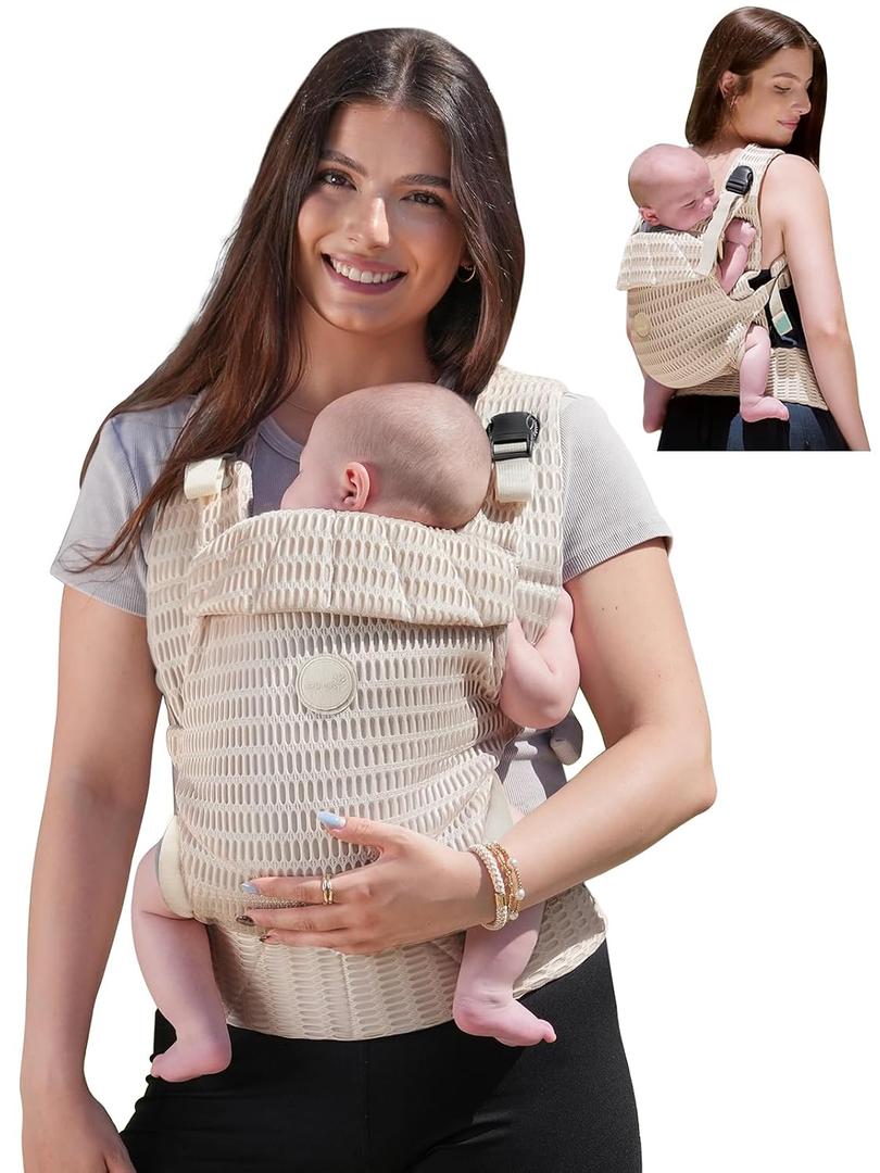 Grownsy Baby Carrier Newborn to Toddler (7-44lbs), Ergonomic & Cozy Wraps with One-Click Buckle, Mesh & Head Support for Hands-Free Comfort, Silver Gray (Almond Beige)