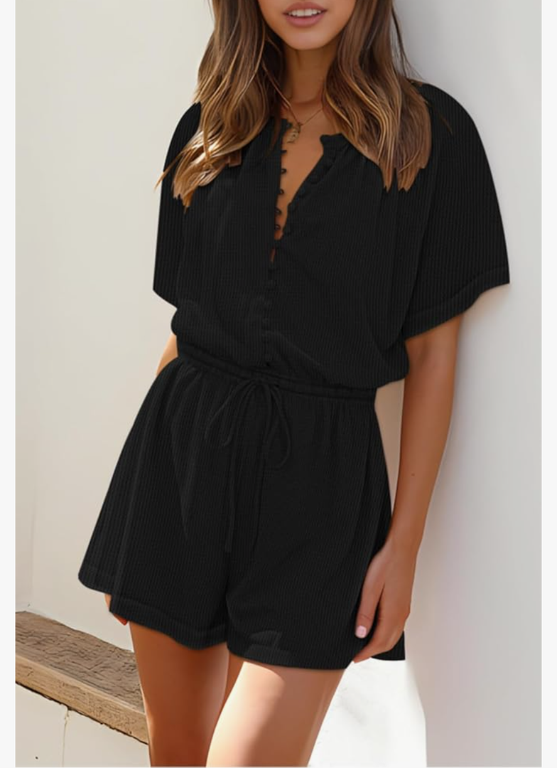 Fixmatti Short Sleeve Romper One Piece Button Up Jumpsuits for Women Summer Shorts Rompers L