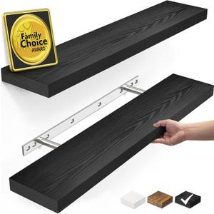 BAYKA Floating Shelves for Wall, 22.5" Wall Mounted Rustic Wood Shelves for Bathroom, Bedroom, Living Room, Kitchen, Office, Hanging Shelf for Books/Storage/Room Decor Capacity (Black, Set of 2) (22.5inches)
