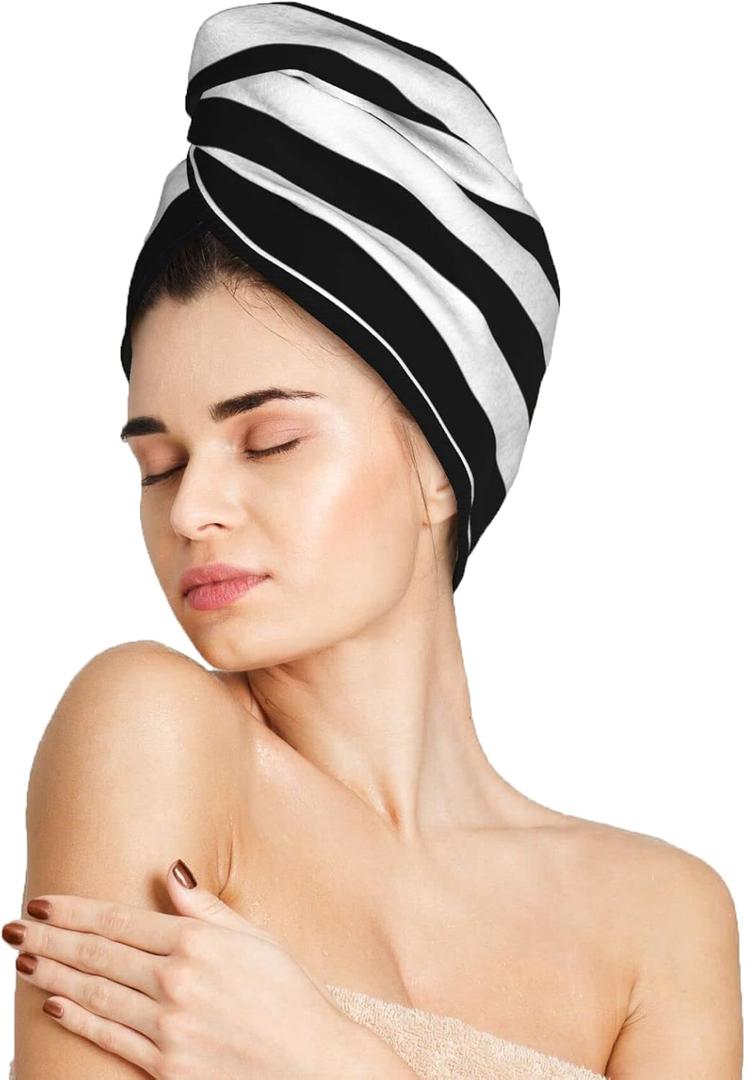 famliihw Black and White Stripe Hair Towel Wrap Microfiber Fast Drying Hair Turban with Buttons for Women Men Drying Curly, Long & Thick Hair