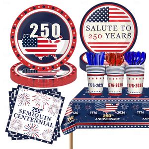 250th Anniversary Party Supplies Patriotic Party Decorations Set 4th of July Banner Disposable Red White and Blue Plates and Napkins 1776-2026 Paper Cups American Flag Tablecloth for Memorial Day