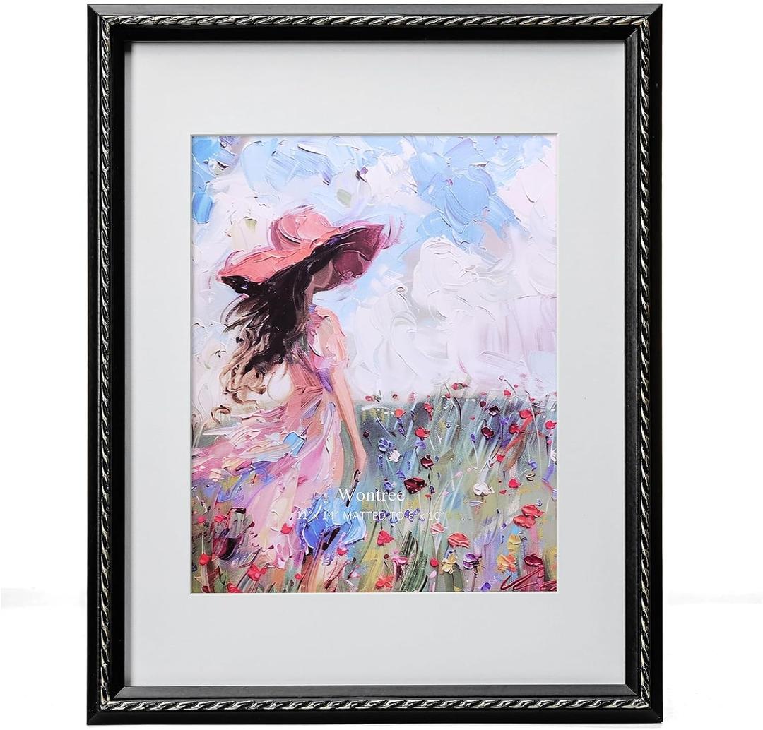 11x14 Black Picture Frame, Gold-Toned Rope Edging, Solid Wood with Real Glass, Display 11x14 Photos Matted to 8x10, Vertical and Horizontal Desk Tabletop or Wall Hanging