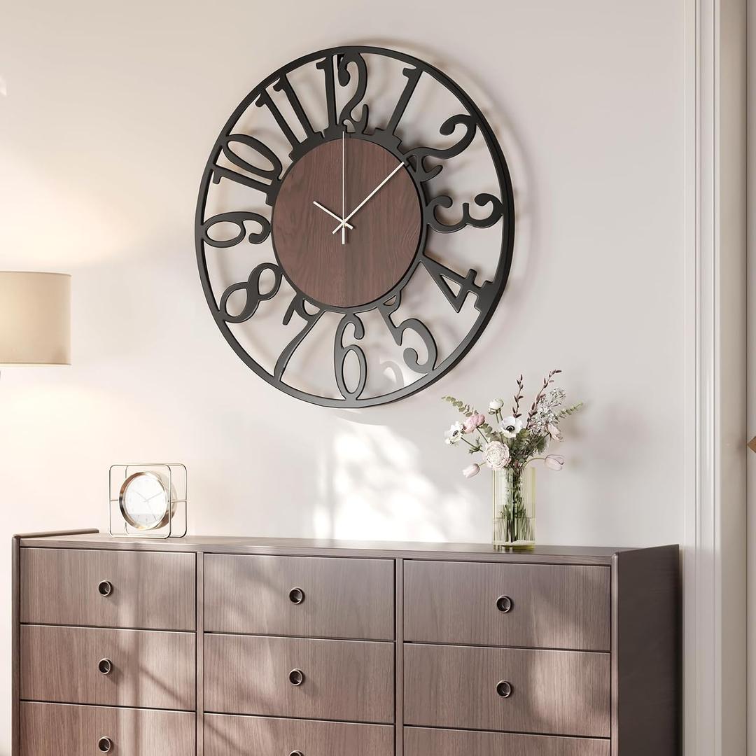 Large Wall Clock for Living Room Decor, 24 inch Decorative Wood Wall Clocks Silent Non Ticking Battery Operated, Black Metal Clock for Farmhouse, Dining Room, Bedroom, Kitchen - Arabic Numerals