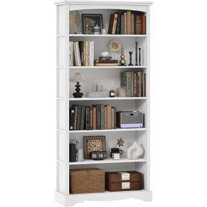 TVU 6-Tier Wooden Bookshelf, 76 Inch Tall Bookshelf with Storage, Floor Standing Modern Style Display Bookcase for Living Room, Office, Study Room, Entryway, White