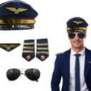 Nicky Bigs Novelties Pilot Costume Men Accessories - Men's Airline Captain Accessories with Aviator Sunglasses, Epaulettes, Captain's Hat, Badge - For Halloween, Themed Parties, Blue Gold, One Size