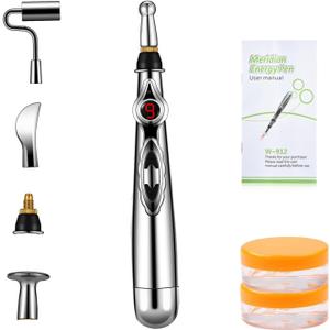 5-in-1 Massage Acupuncture Pen, Electronic Pain Relief Therapy, Meridian Energy Massager Pen Self Massage Tools Muscle Healing with Massaging Gel (Silver)