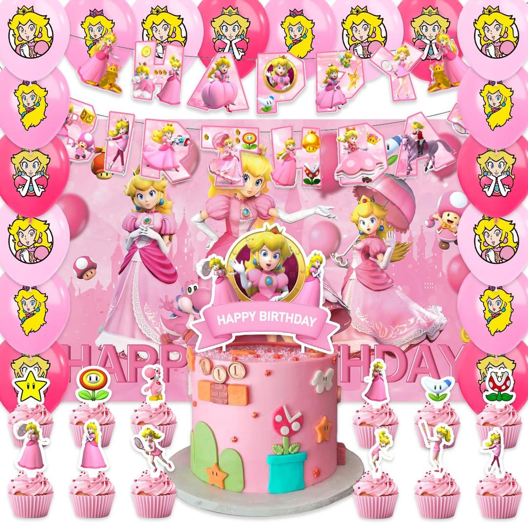 42pcs Princess Peach Birthday Party Supplies Pack IncludesBannerCake TopperBlackdrop,Balloons for Princess Peach party supplies