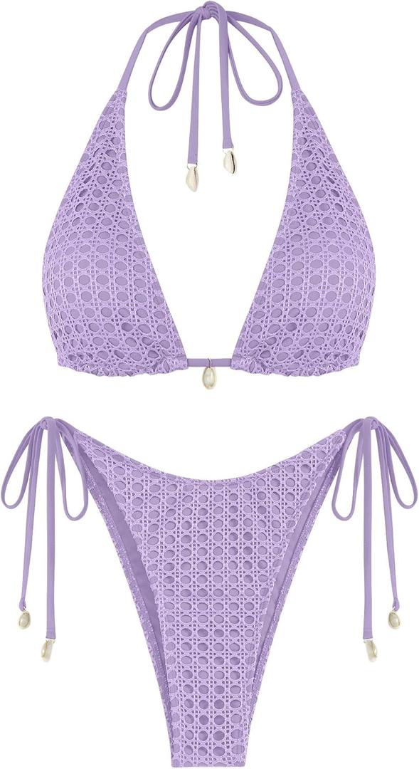 ZAFUL Women's Triangle Bikini Multiway Fishnet Tie Side Bandeau Halter String Bikini Set Two Piece Swimsuit Bathing Suits (1-light Purple) S